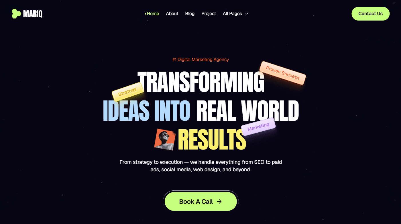 Mariq Framer template homepage: dark hero reading "Transforming ideas into real world results" with a Book a Call button