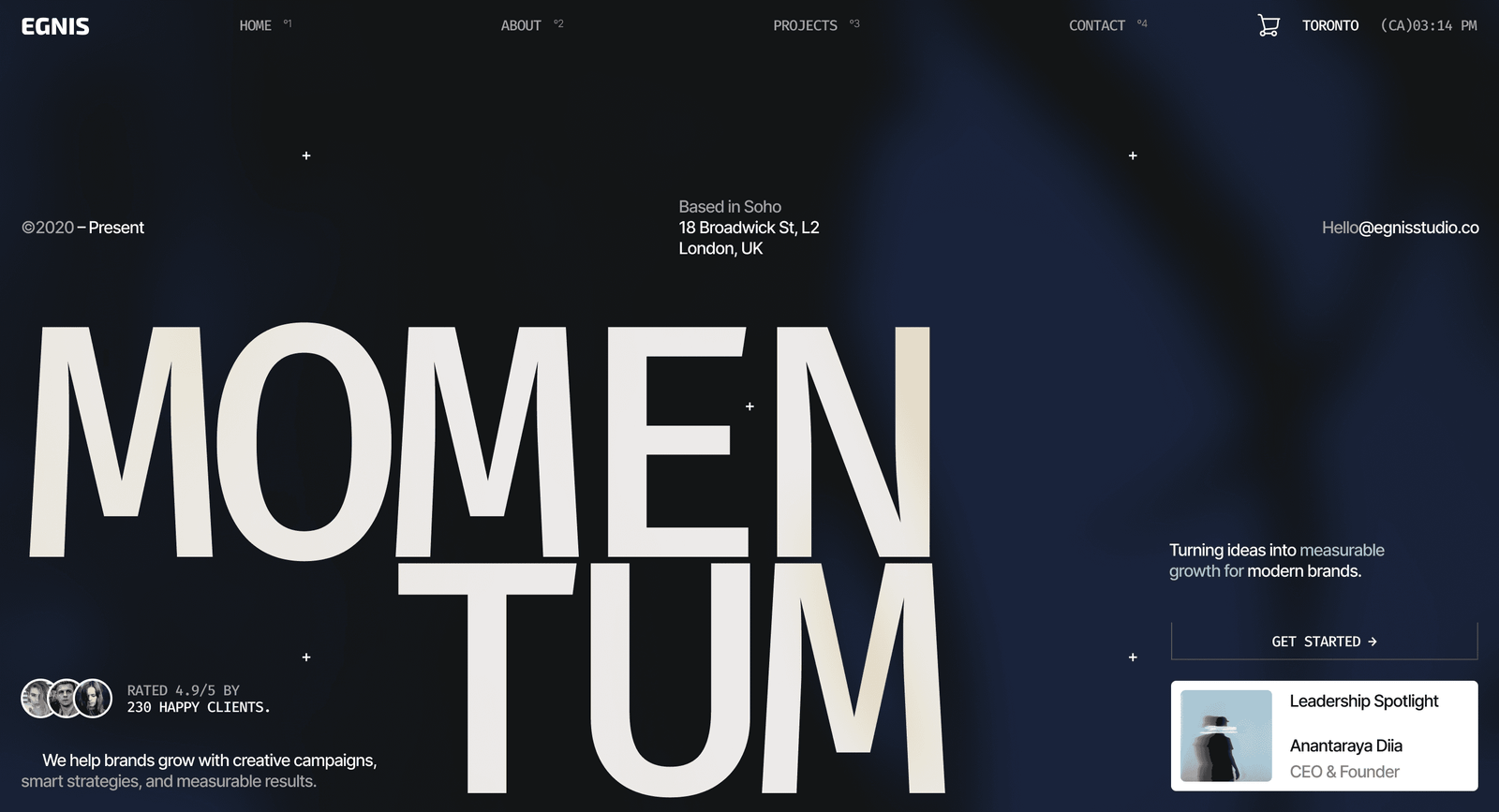 Egnis Framer template homepage: oversized "Momentum" headline on dark navy with a client rating and a leadership spotlight card