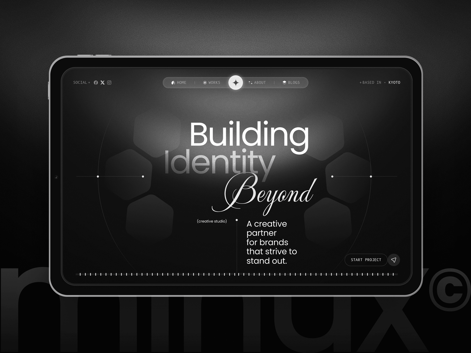 Minux Framer template on a tablet: black-and-white creative studio hero reading "Building identity beyond"