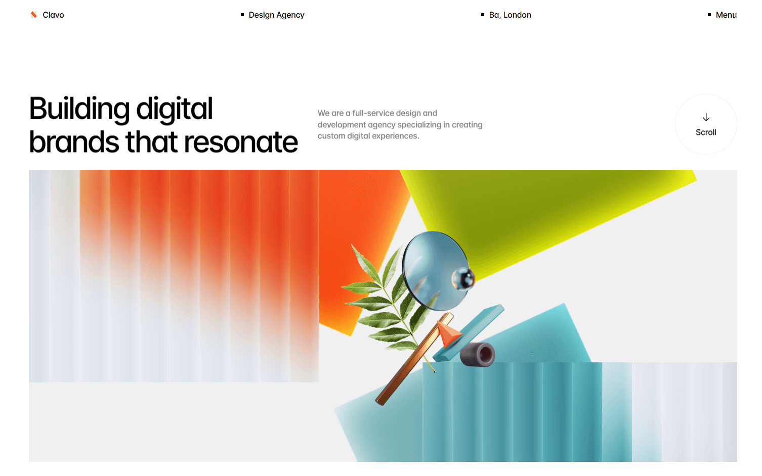 Clavo Framer template homepage: "Building digital brands that resonate" above a colourful abstract 3D composition