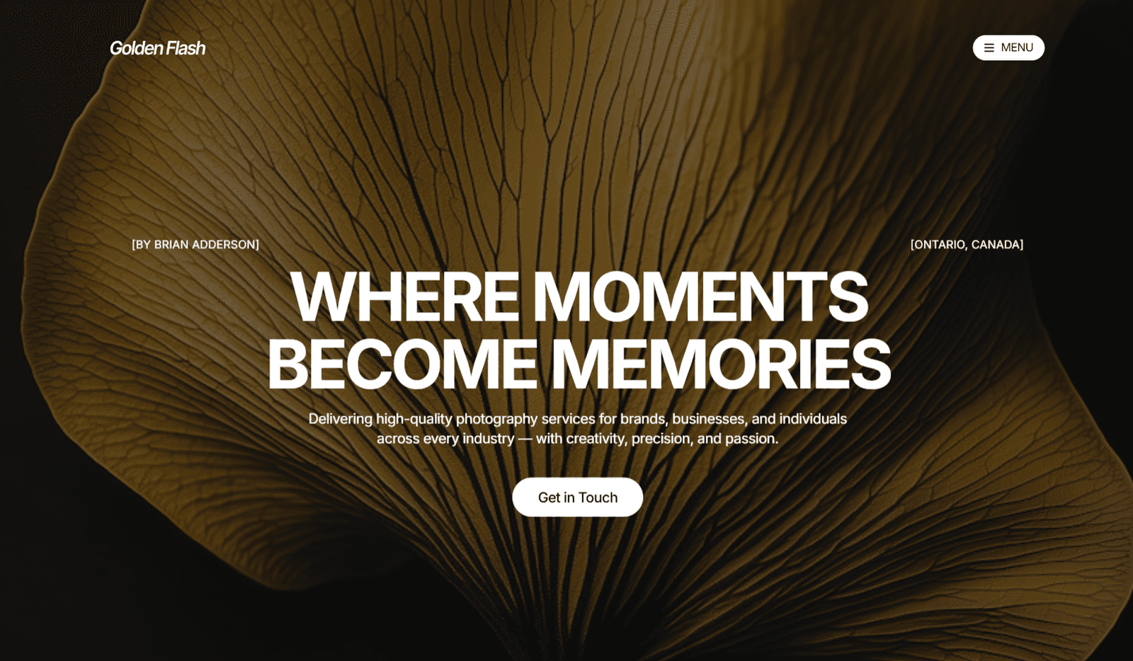 GoldenFlash Framer photography template homepage: "Where moments become memories" over a close-up golden texture
