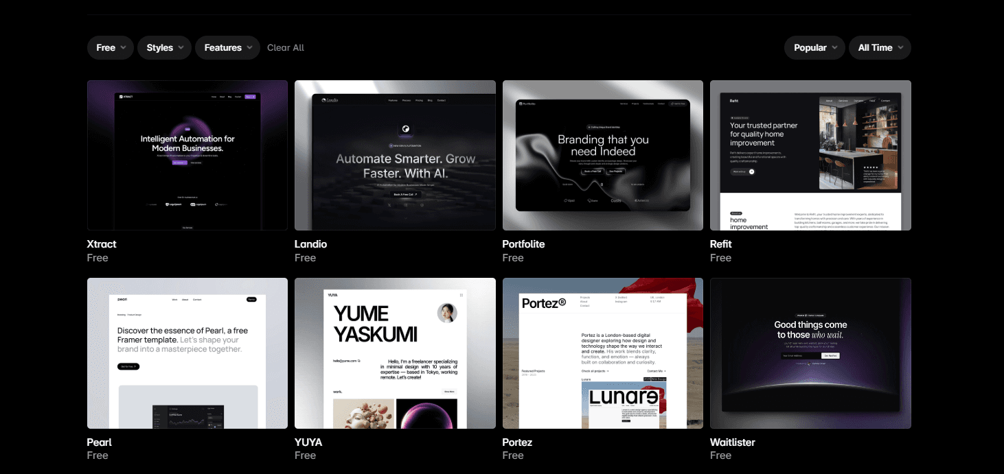 Free portfolio templates on the Framer Marketplace: Xtract, Landio, Portfolite, Refit, Pearl, YUYA, Portez and Waitlister