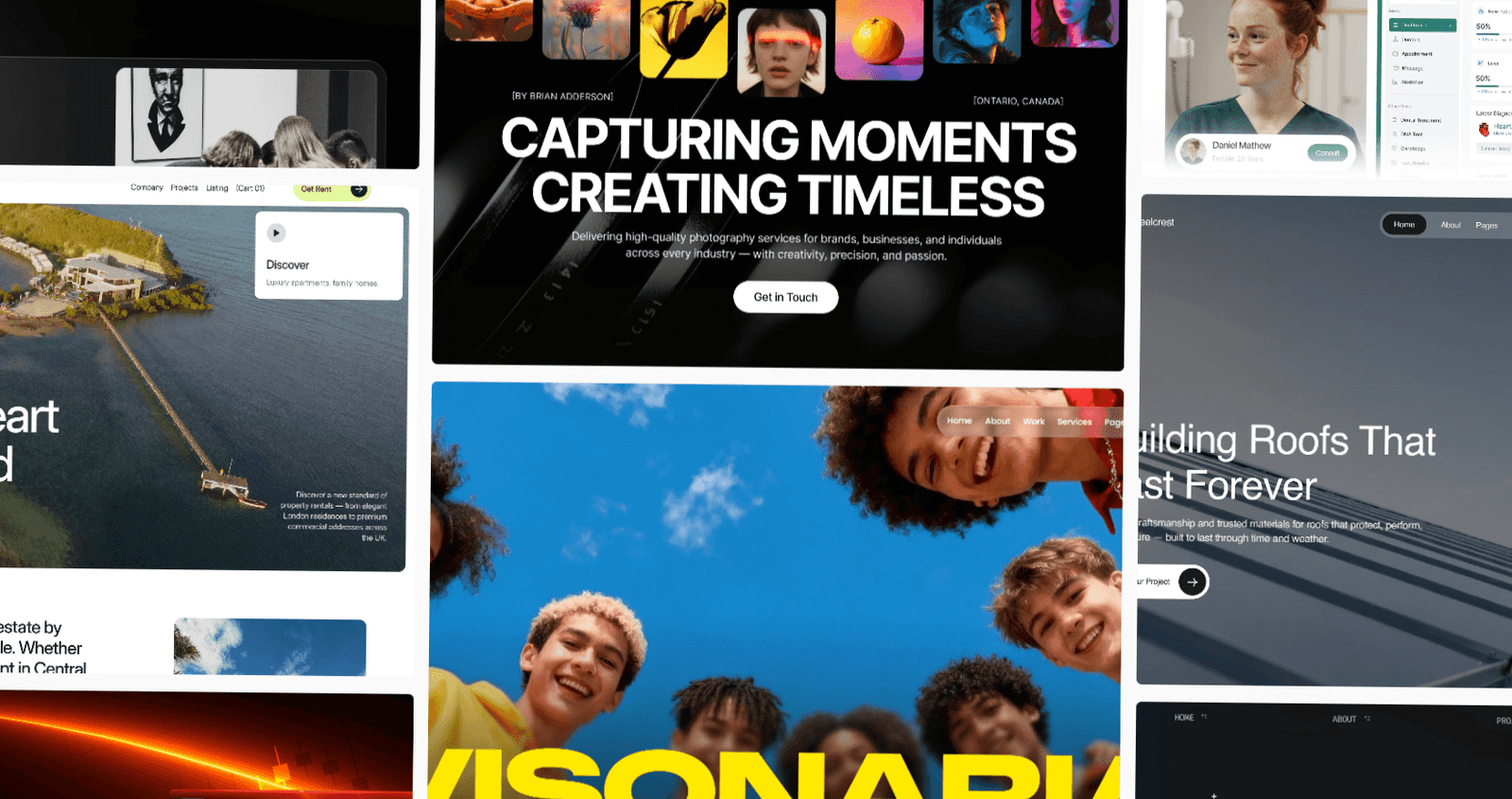 Collage of Waida Studio template homepages, including a photography hero, an agency page and a roofing company site