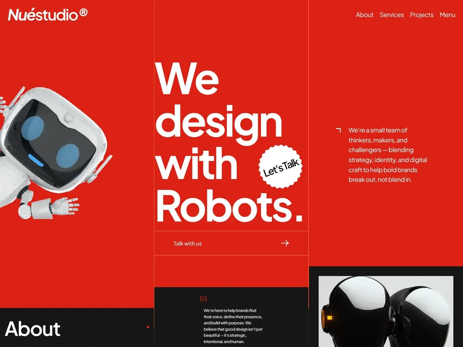 Nuestudio Framer template homepage: red hero with a white robot and the headline "We design with Robots."