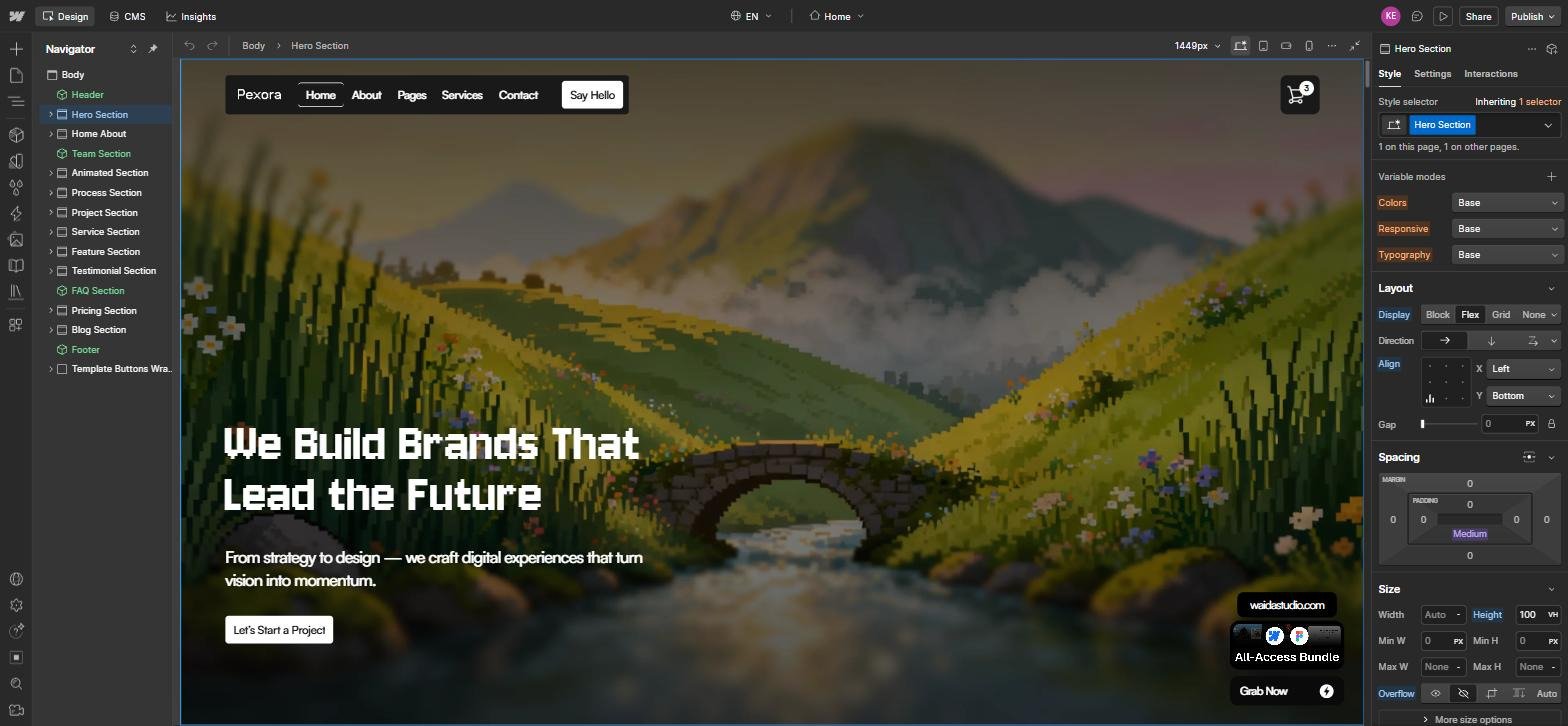 Webflow Designer with the Pexora template open: the Navigator lists the page sections, the hero section is selected, and its class, flex layout, spacing and size show in the Style panel