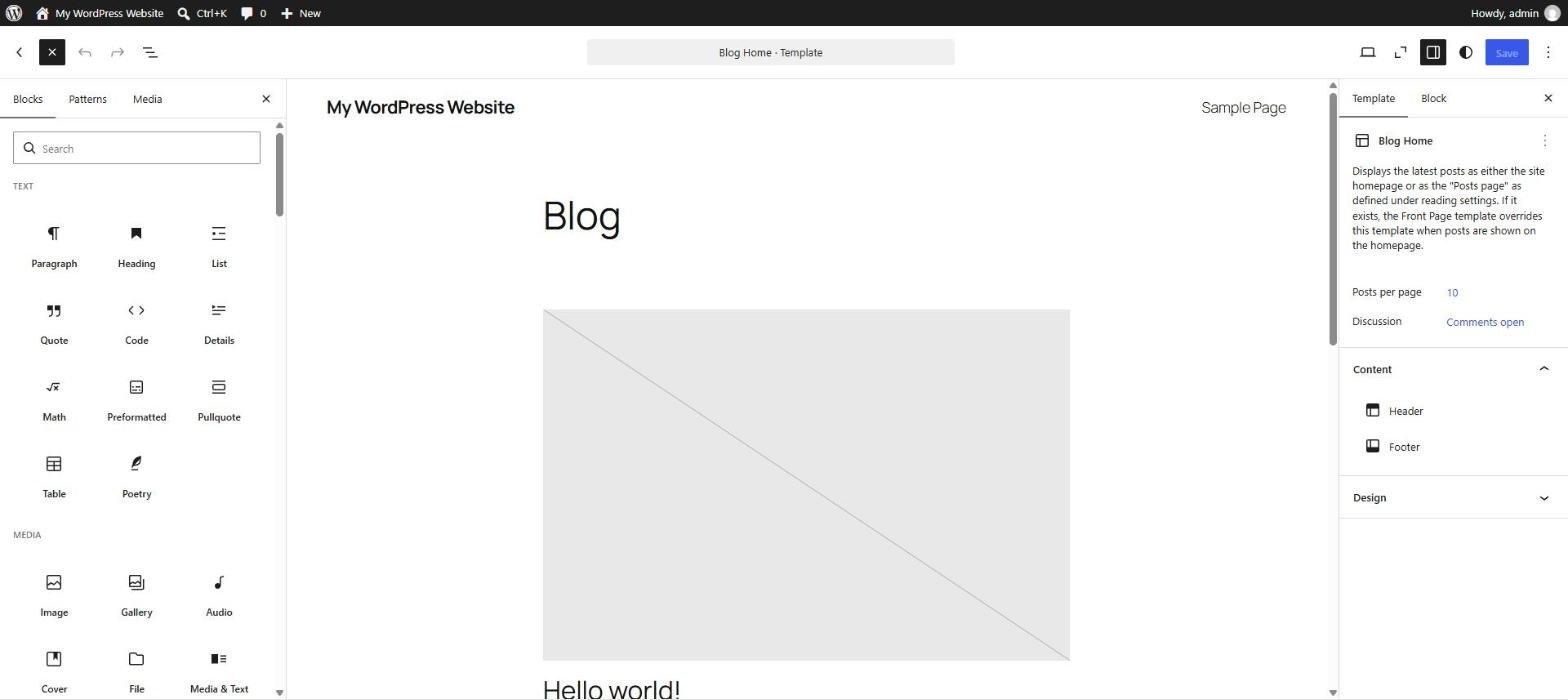 WordPress site editor with the block library open, listing text and media blocks beside the Blog Home template